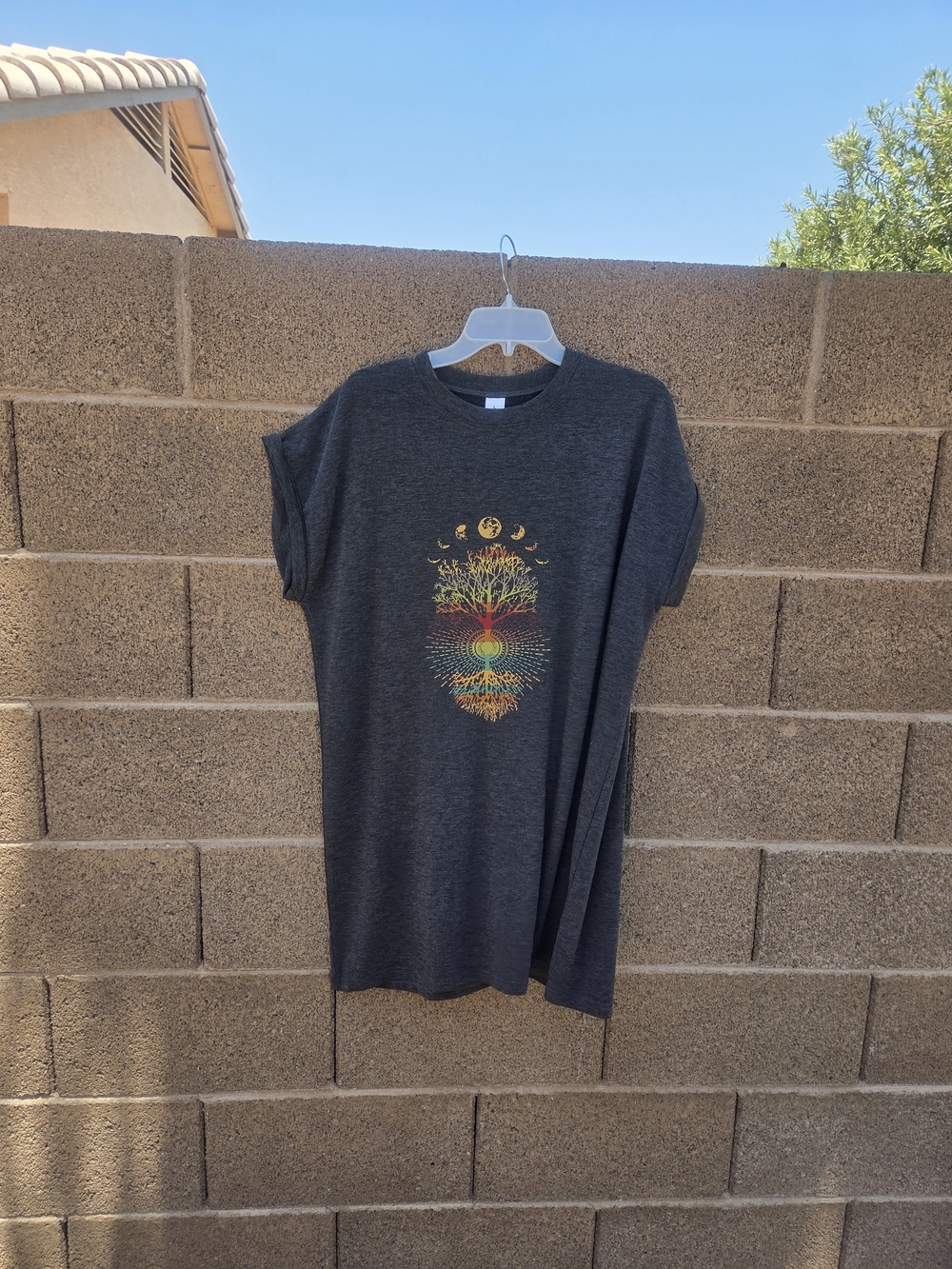 Charcoal Graphic Tee Dress with Colorful Chakra Tree Of Life Design.